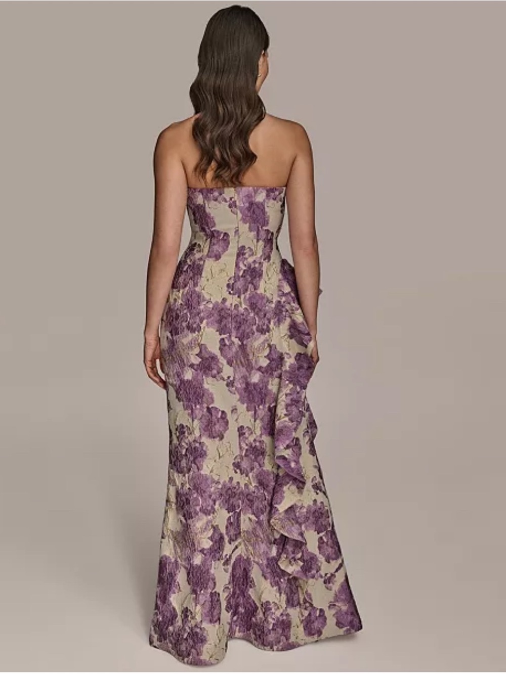 Donna Karan Floral Ruffle Strapless Jacquard Trumpet Gown - Picture 3 of 7